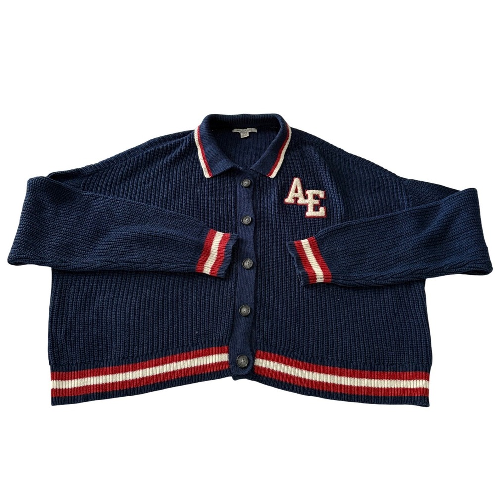 American Eagle Varsity Cardigan Womens Size M Navy Red AE Patch Preppy Sweater